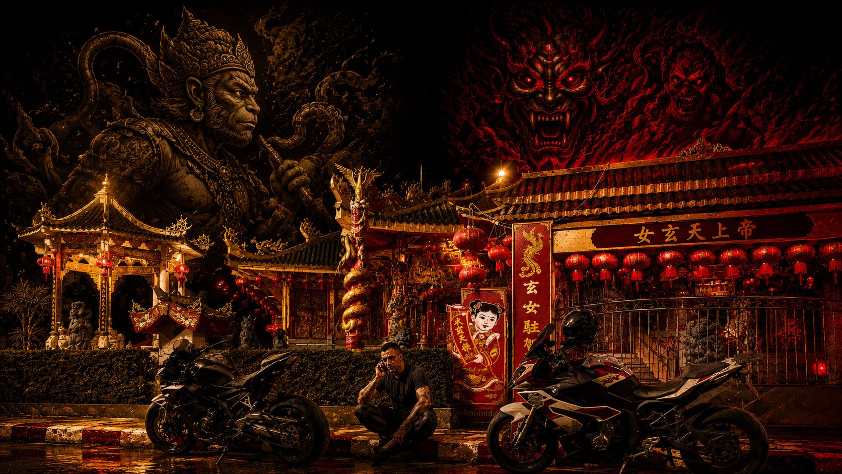 A rider sitting on the kerb between two parked motorcycles at night, outside a Chinese
            temple in Phuket. A gilded guardian deity rises on one side, a red demon on the other.